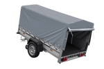 Enkelassige aanhanger op veren met aluminium zijwanden 230x125 Unitrailer Garden 230/R KIPP ALU met H-800 frame en grijze afdekking