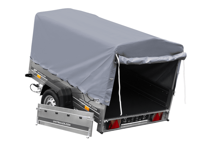 Enkelassige aanhangwagen op veren 200x125 UNITRAILER GARDEN 201/R KIPP met H-800 frame en grijs zeil