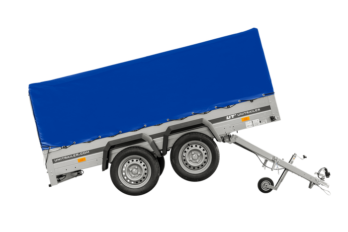 Twee-assige aanhanger 264x125 UNITRAILER GARDEN 264/2 KIPP met H-800 frame en blauwe afdekking