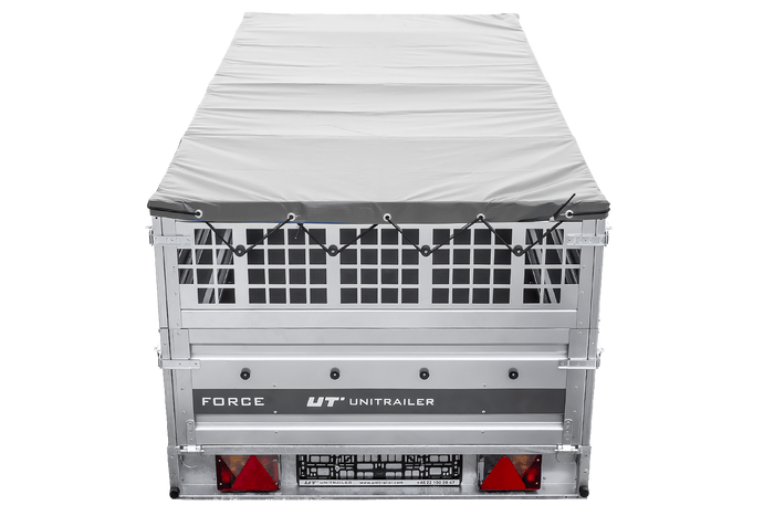 Enkelassige aanhanger op veren 264x125 UNITRAILER FORCE 264/R KIPP met gaaswanden, H-0 frame en grijs dekzeil