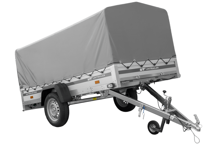Enkelassige aanhanger met aluminium zijwanden 264x125 Unitrailer Garden 264 KIPP ALU met H-800 frame en grijze afdekking