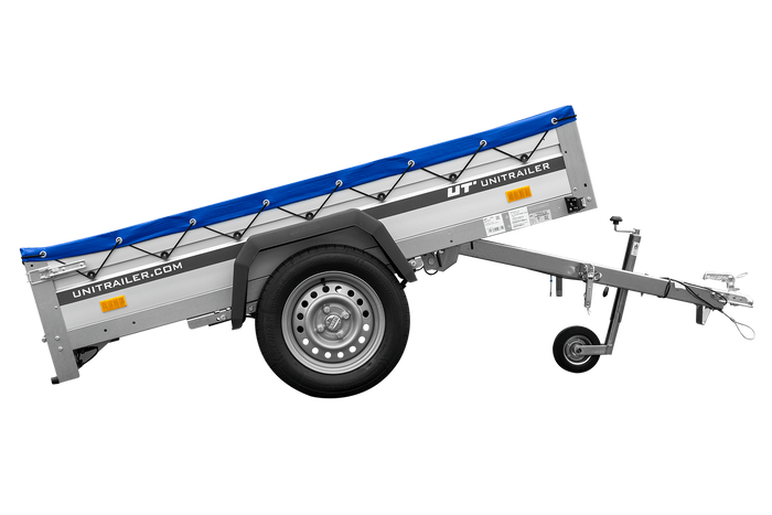 Enkelassige aanhanger op veren met aluminium zijwanden 200x125 Unitrailer Garden 201/R KIPP ALU met H-0 frame en blauwe afdekking