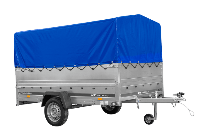 Eenassige aanhangwagen 264x150 UNITRAILER GARDEN 265 KIPP met opzetborden H-800 frame en blauwe huif