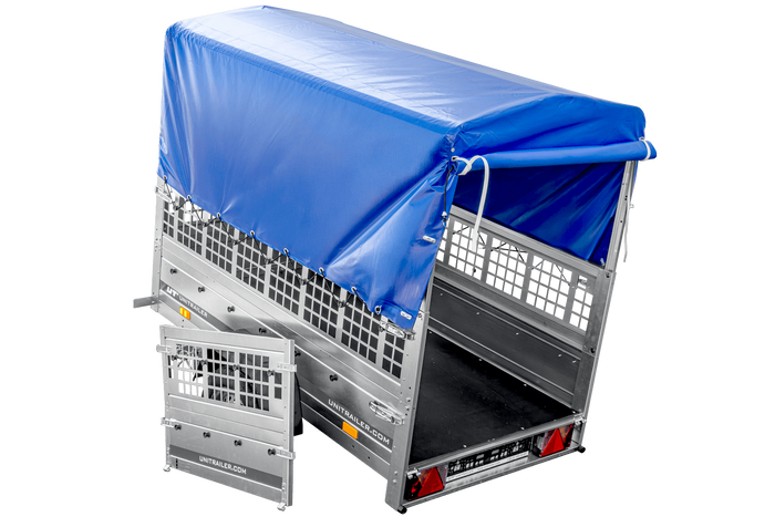 Eenassige aanhanger met kipper Unitrailer GARDEN TRAILER 200 KIPP met steunwiel, gaaswanden en H-800 frame met blauwe kap