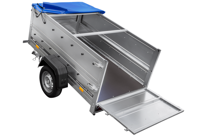 Autoaanhanger 200x106 UNITRAILER GARDEN 200 KIPP met BIS-zijwanden, H-0 frame en blauwe afdekking