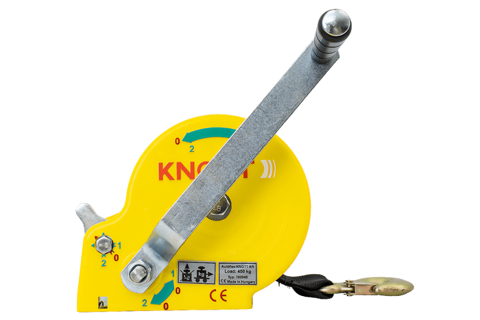 Handlier KNOTT 450 kg met een gele behuizing en een band