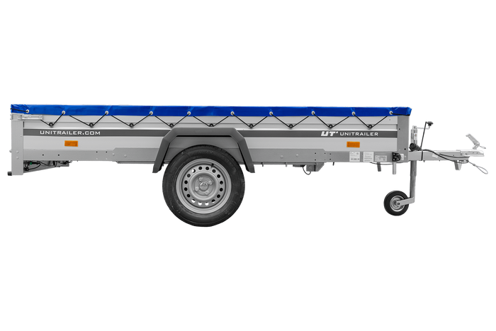 Autoaanhanger met aluminium zijwanden 264x150 Unitrailer Garden 265 KIPP ALU met H-0 frame en blauwe afdekking