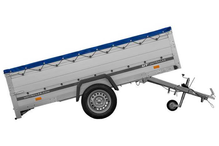 Enkelassige aanhanger met aluminium zijwanden 264x150 Unitrailer Garden 265 KIPP ALU met BIS-zijwanden, H-0 frame en blauwe afdekking