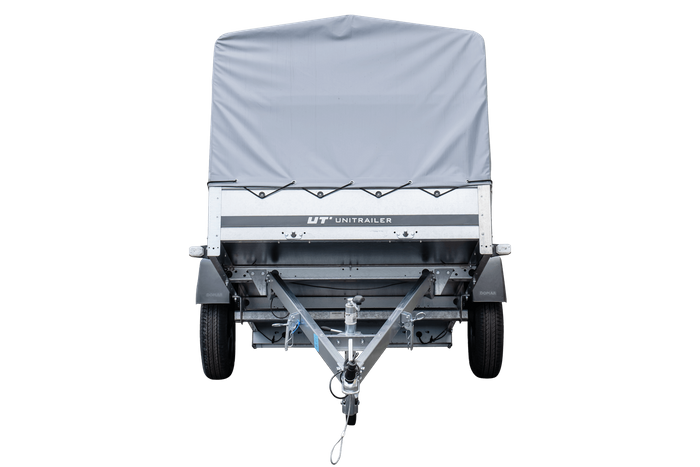 Enkelassige aanhanger 230x125 UNITRAILER GARDEN 230 KIPP met H-800 frame en grijze afdekking