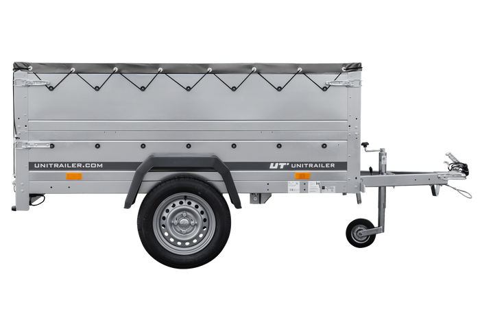 Enkelassige aanhanger 200x106 UNITRAILER GARDEN 200 KIPP met BIS-zijwanden, H-0 frame en grijze afdekking