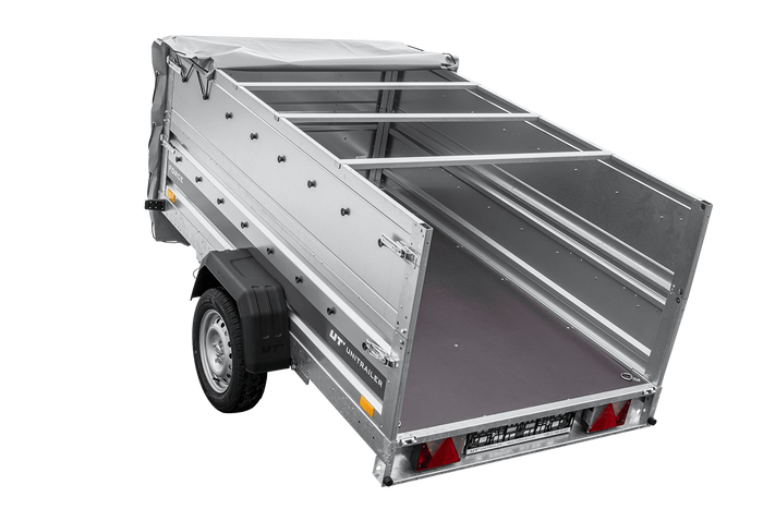 Autotransportaanhanger op veren 230x125 UNITRAILER FORCE 230/R KIPP met BIS-zijwanden, H-0 frame en grijze afdekking