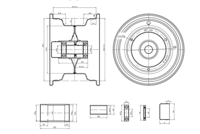 UNITRAILER stalen velg 5,5Ix8"H2 3x128 met lagers 6205-2RS