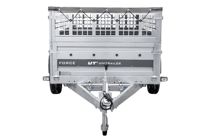 Enkelassige aanhanger op veren 264x125 UNITRAILER FORCE 264/R KIPP met gaaswanden, H-0 frame en grijs dekzeil