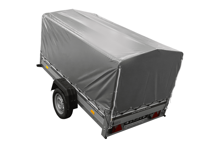 Enkelassige aanhanger met aluminium zijwanden 230x125 Unitrailer Garden 230 KIPP ALU met H-800 frame en grijze afdekking
