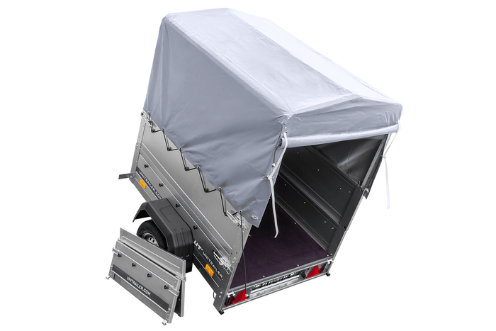 Enkelassige aanhanger 150x106 UNITRAILER GARDEN 150 KIPP met BIS-zijwanden, H-800 frame en grijze afdekking