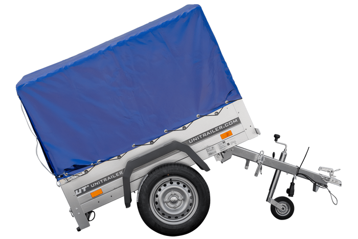 Lichte aanhangwagen Garden Trailer 150 KIPP met afmeting van 150x106 met blauwe zeil en huif MTM 750 KG 