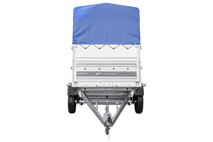 Enkelassige aanhanger op veren 230x125 UNITRAILER FORCE 230/R KIPP met BIS-zijwanden, H-800 frame en blauwe afdekking