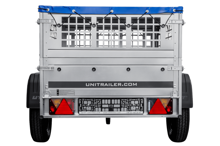 Autoaanhanger 150x106 UNITRAILER GARDEN 150 KIPP met gaaswanden en blauwe hoes