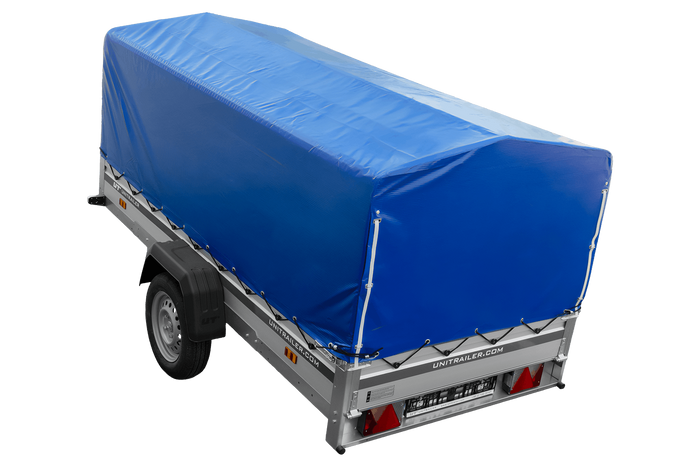 Enkelassige aanhanger met aluminium zijwanden 264x125 Unitrailer Garden 264 KIPP ALU met H-800 frame en blauwe afdekking