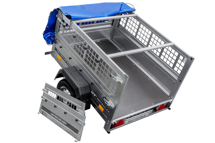 Autoaanhanger 150x106 UNITRAILER GARDEN 150 KIPP met gaaswanden en blauwe hoes