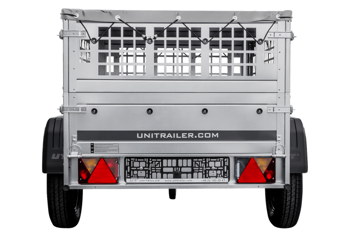 Kleine enkelassige aanhanger Unitrailer GARDEN TRAILER 150 KIPP met steunwiel, gaaswanden en een vlakke grijze kap
