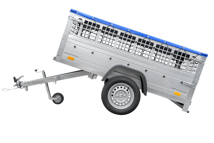 Garden trailer 200 kipp met steunwiel, gaaszijzijden en blauw plat dekzeil