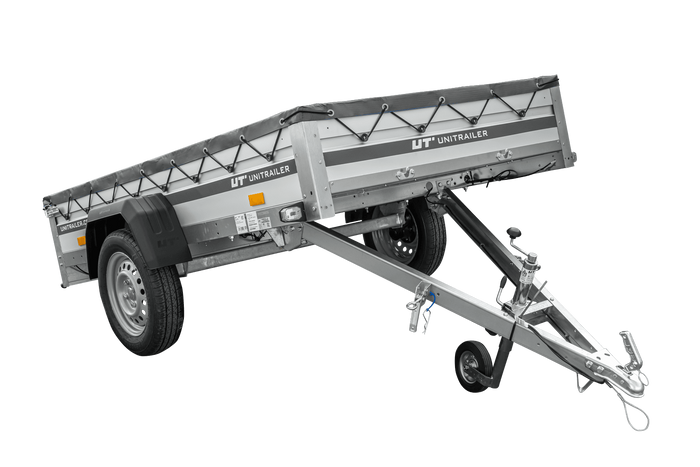Enkelassige aanhanger met aluminium zijwanden 230x125 Unitrailer Garden 230 KIPP ALU met H-0 frame en grijze afdekking