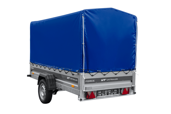 Enkelassige aanhanger op veren 264x125 UNITRAILER FORCE 264/R KIPP met H-1100 frame en blauwe afdekking