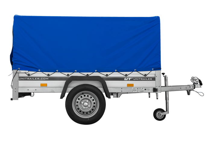 Enkelassige aanhanger met aluminium zijwanden 200x125 Unitrailer Garden 201 KIPP ALU met H-800 frame en blauwe afdekking