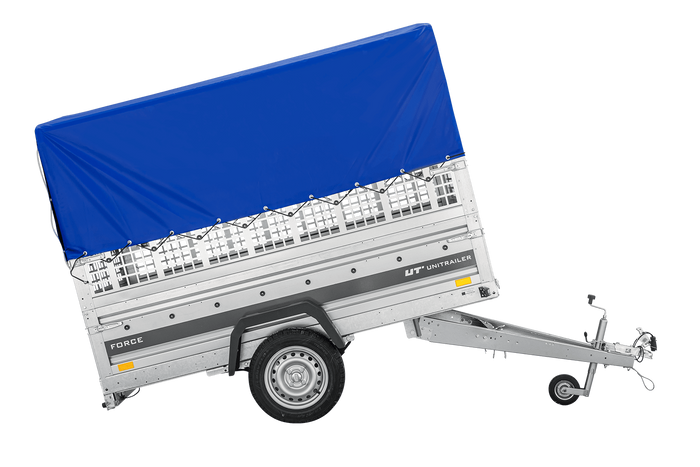 Autotransportaanhanger op veren 230x125 UNITRAILER FORCE 230/R KIPP met gaaswanden, H-800 frame en blauwe hoes