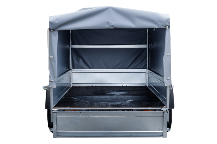 Enkelassige aanhanger 230x125 UNITRAILER GARDEN 230 KIPP met H-800 frame en grijze afdekking