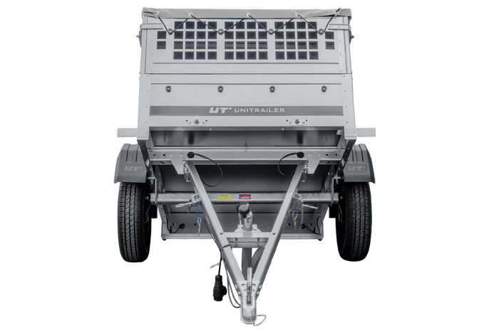 Kleine enkelassige aanhanger Unitrailer GARDEN TRAILER 150 KIPP met steunwiel, gaaswanden en een vlakke grijze kap