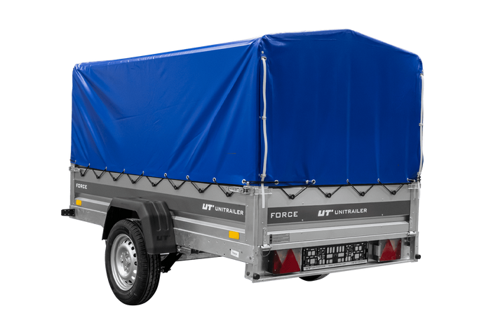 Autotransportaanhanger op veren 230x125 UNITRAILER FORCE 230/R KIPP met H-800 frame en blauwe afdekking