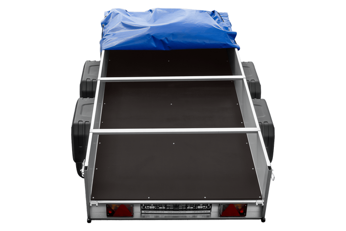 Tweeassige aanhanger met aluminium zijwanden 264x125 Unitrailer Garden 264/2 KIPP ALU met H-0 frame en blauwe afdekking