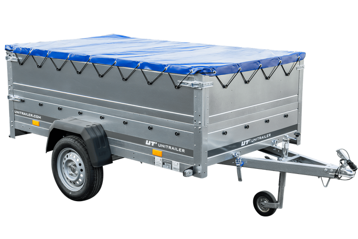 GARDEN TRAILER 230 KIPP MET STEUNWIEL, BIS ZIJKANTEN EN BLAUW PLAT TARPAU