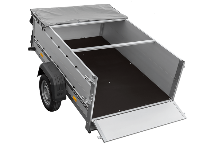 Autoaanhanger met aluminium zijwanden 200x125 Unitrailer Garden 201 KIPP ALU met BIS-zijwanden, H-0 frame en grijze afdekking