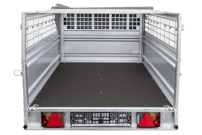 Enkelassige aanhanger 264x125 UNITRAILER FORCE 264 KIPP met gaaswanden, H-0 frame en grijze afdekking