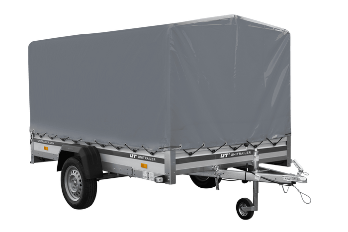 Autoaanhanger met aluminium zijwanden 264x150 Unitrailer Garden 265 KIPP ALU met H-1100 frame en grijze afdekking