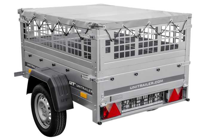Kleine enkelassige aanhanger Unitrailer GARDEN TRAILER 150 KIPP met steunwiel, gaaswanden en een vlakke grijze kap