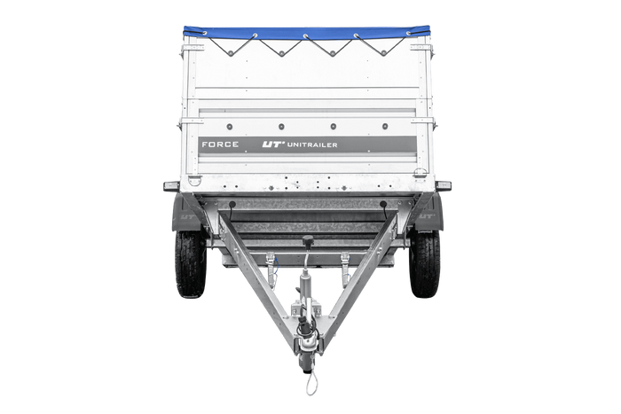 Lichte aanhanger 230x125 UNITRAILER FORCE 230 KIPP met BIS-zijwanden, H-0 frame en blauwe afdekking