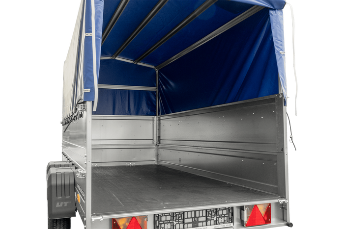 Twee-assige aanhanger 264x125 UNITRAILER GARDEN 264/2 KIPP met BIS zijwanden, H-800 frame en blauwe kap