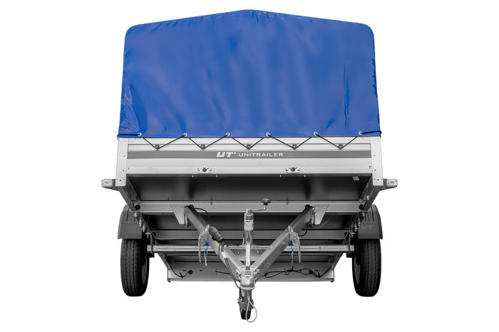 Enkelassige aanhanger met aluminium zijwanden 264x150 Unitrailer Garden 265 KIPP ALU met H-800 frame en blauwe afdekking