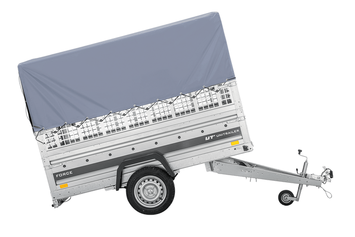 Autotransportaanhanger op veren 230x125 UNITRAILER FORCE 230/R KIPP met gaaswanden, H-800 frame en grijze afdekking