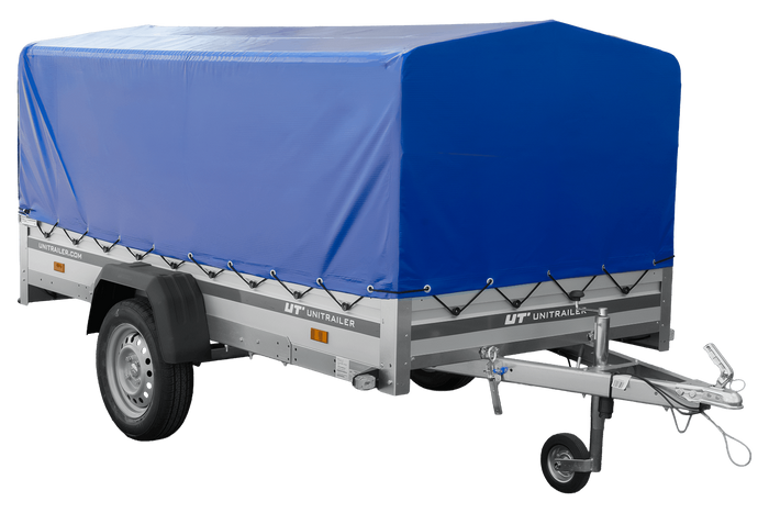 Enkelassige aanhanger met aluminium zijwanden 264x125 Unitrailer Garden 264 KIPP ALU met H-800 frame en blauwe afdekking