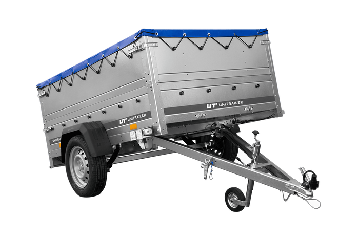 Lichte aanhangwagen op veren 200x125 UNITRAILER GARDEN 201/R KIPP met BIS zijwanden, H-0 frame en blauw zeil