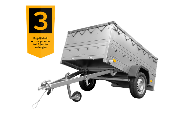 Unitrailer GARDEN TRAILER 201 KIPP met steunwiel, bis sideboards en grijs plat dekzeil