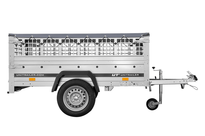 Enkelassige aanhanger 200x106 UNITRAILER GARDEN 200 KIPP met gaaswanden en grijs dekzeil