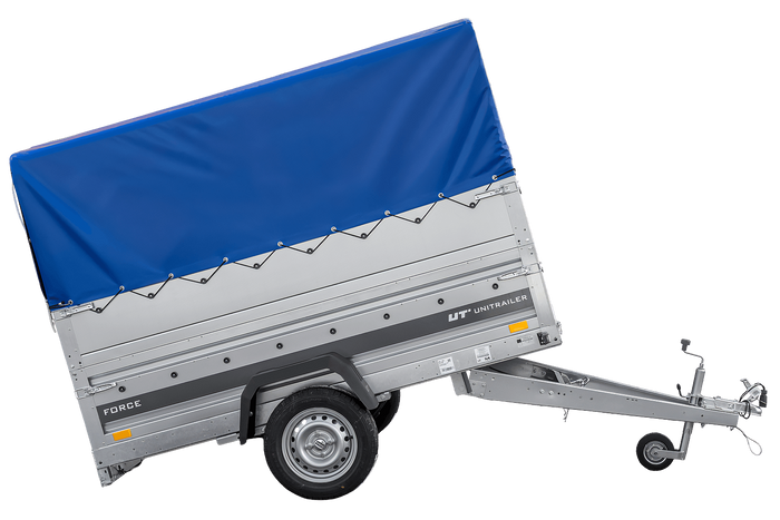 Enkelassige aanhanger op veren 230x125 UNITRAILER FORCE 230/R KIPP met BIS-zijwanden, H-800 frame en blauwe afdekking