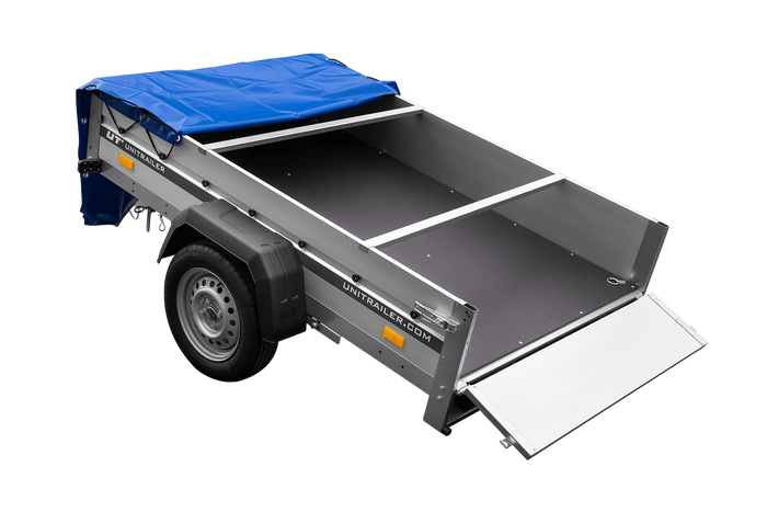 Enkelassige aanhanger op veren met aluminium zijwanden 200x125 Unitrailer Garden 201/R KIPP ALU met H-0 frame en blauwe afdekking