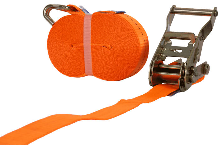 Set van vier UNITRAILER 10m/25mm/1t oranje transportbanden met spaninrichting